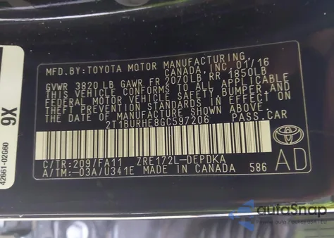 2016 Toyota Corolla L z USA, uszkodzony, nr VIN 2T1BURHE8GC597206